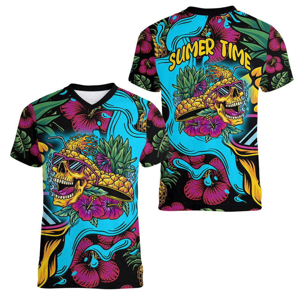 Pineapple Skull Women V Neck T Shirt Sumer Time TS04 - Polynesian Pride