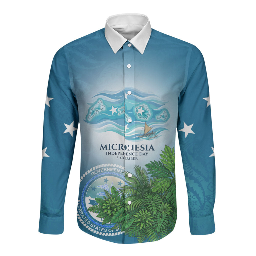 Micronesia Independence Day Long Sleeve Button Shirt FSM Patriotic Pacific Island Nan Madol Ruins Seabird Tropical