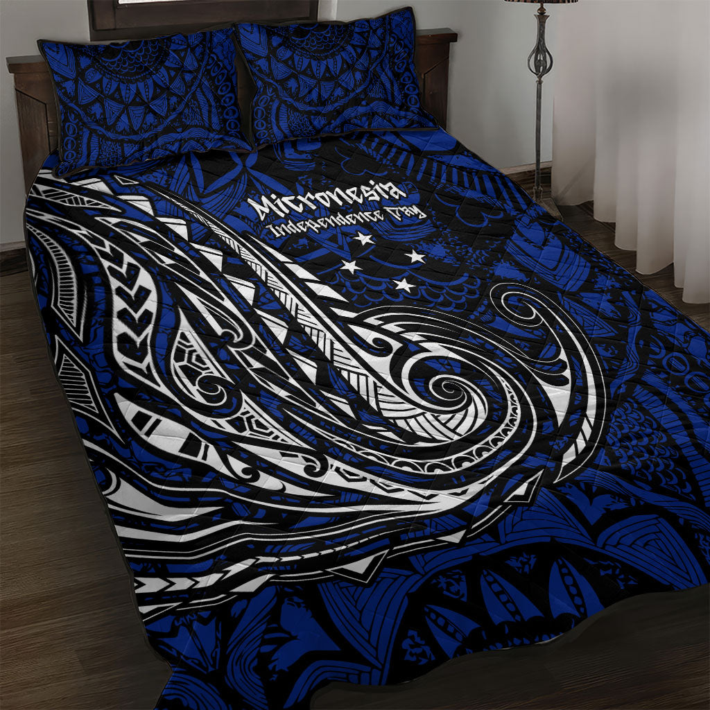 Micronesia Independence Day FSM Quilt Bed Set Tribal Tattoo Pattern Flag Seal Heritage TS04 Blue Black - Polynesian Pride