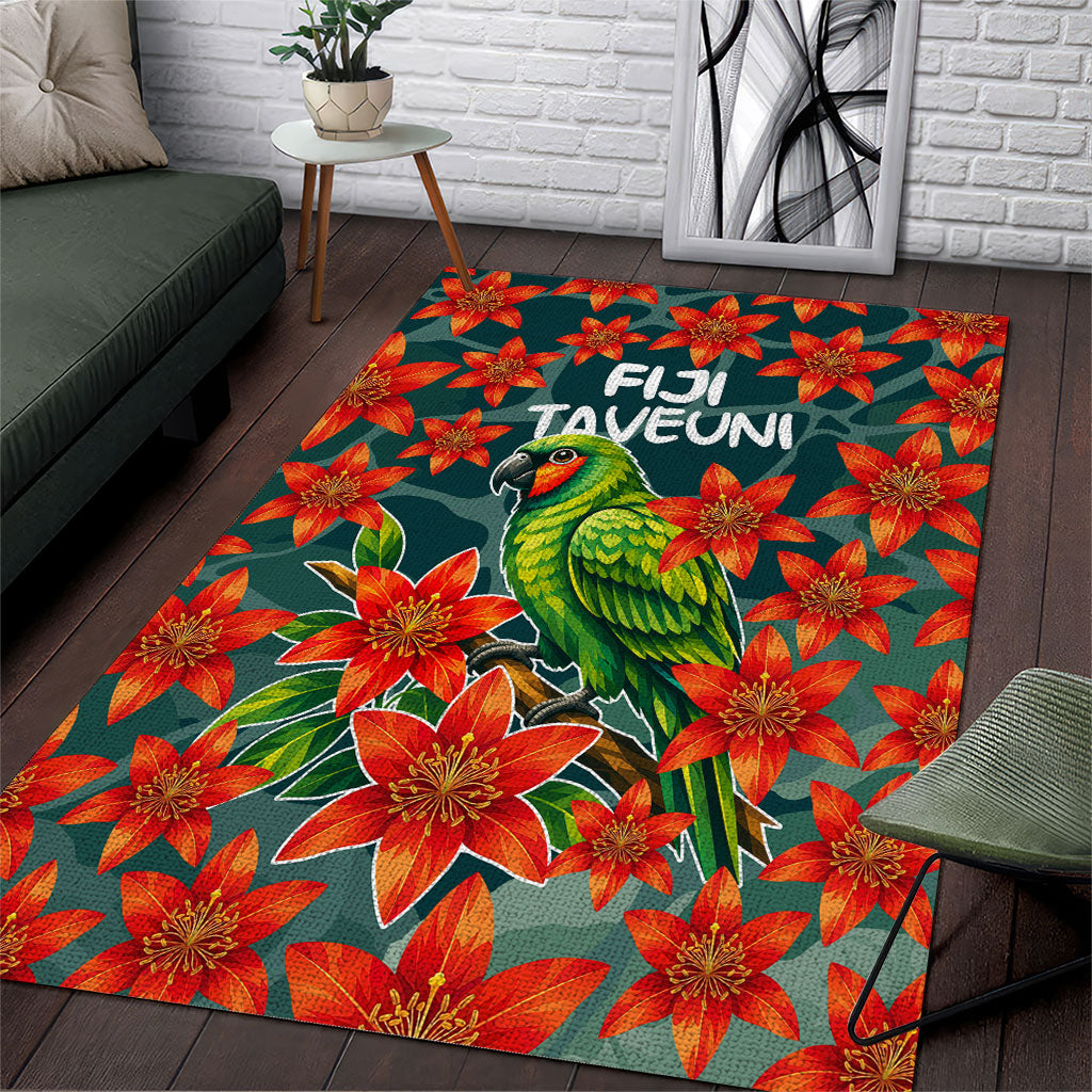 Fiji Taveuni Parrot Area Rug Tropical Waterfall Landscape With Floral Tribal Pattern