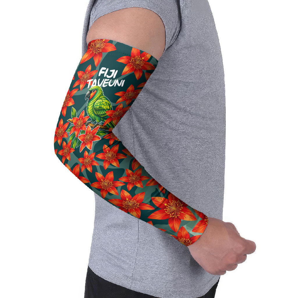 Fiji Taveuni Parrot Arm Sleeves Tropical Waterfall Landscape With Floral Tribal Pattern TS04 - Polynesian Pride