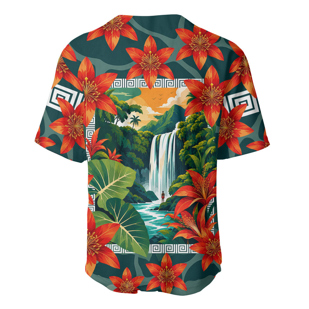 Fiji Taveuni Parrot Baseball Jersey Tropical Waterfall Landscape With Floral Tribal Pattern TS04 - Polynesian Pride