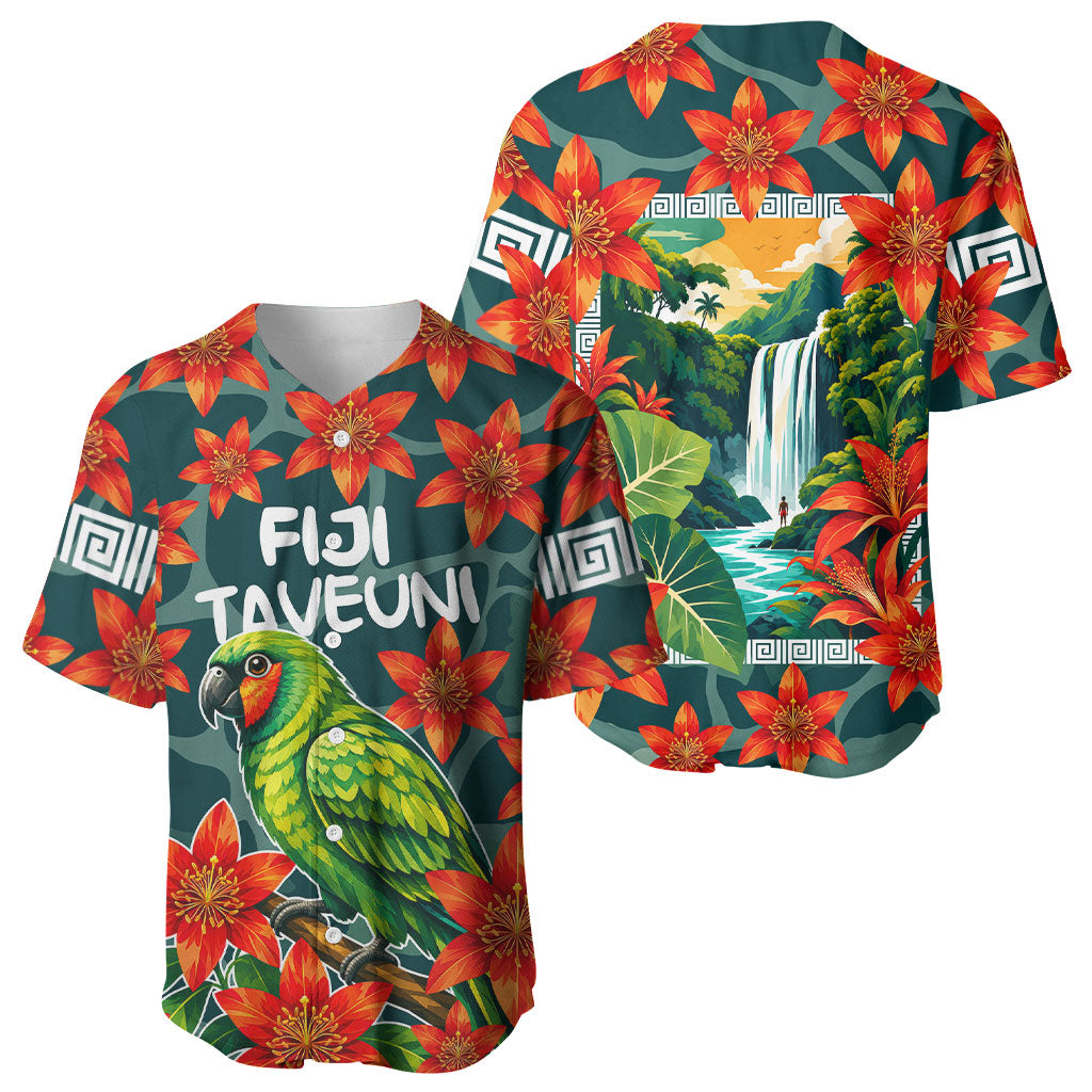 Fiji Taveuni Parrot Baseball Jersey Tropical Waterfall Landscape With Floral Tribal Pattern TS04 - Polynesian Pride