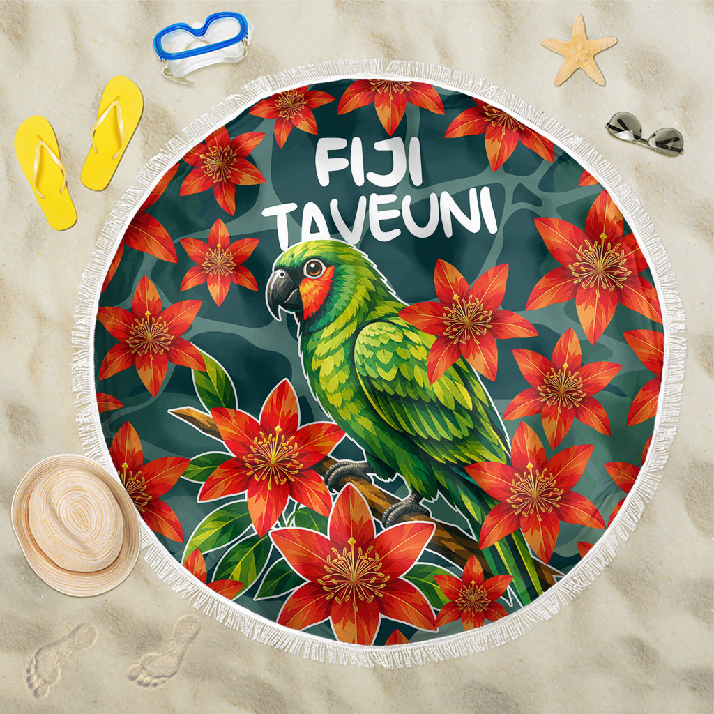 Fiji Taveuni Parrot Beach Blanket Tropical Waterfall Landscape With Floral Tribal Pattern