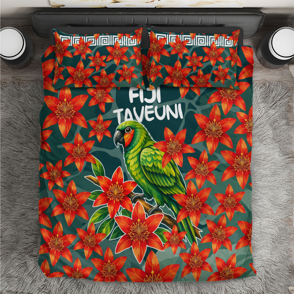 Fiji Taveuni Parrot Bedding Set Tropical Waterfall Landscape With Floral Tribal Pattern TS04 Green Orange - Polynesian Pride