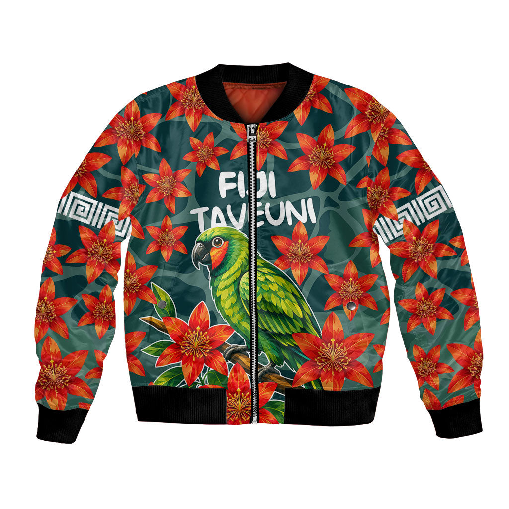 Fiji Taveuni Parrot Bomber Jacket Tropical Waterfall Landscape With Floral Tribal Pattern TS04 Unisex Green Orange - Polynesian Pride