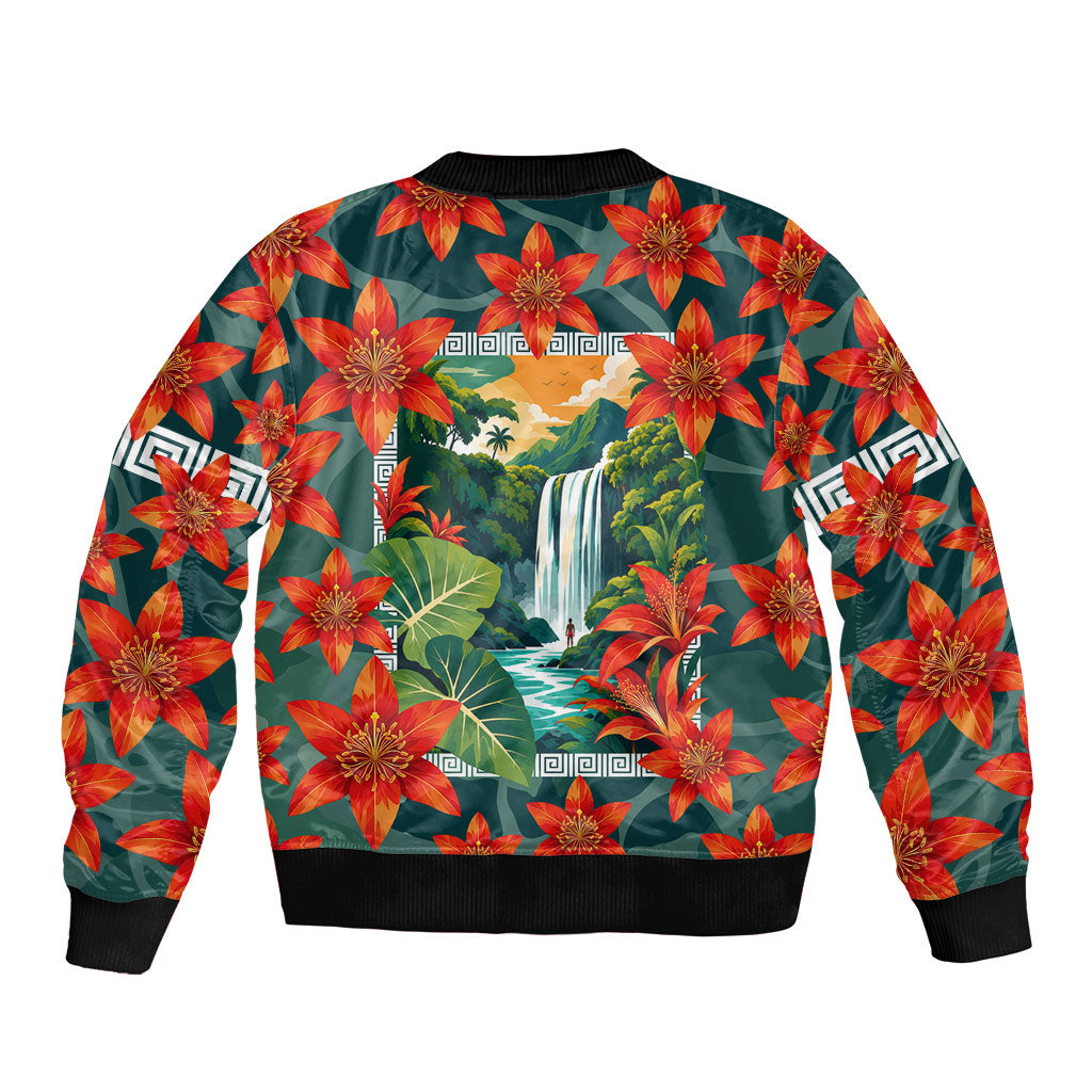 Fiji Taveuni Parrot Bomber Jacket Tropical Waterfall Landscape With Floral Tribal Pattern TS04 - Polynesian Pride