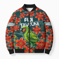 Fiji Taveuni Parrot Bomber Puffer Jacket Tropical Waterfall Landscape With Floral Tribal Pattern