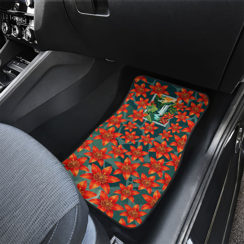 Fiji Taveuni Parrot Car Mats Tropical Waterfall Landscape With Floral Tribal Pattern TS04 - Polynesian Pride