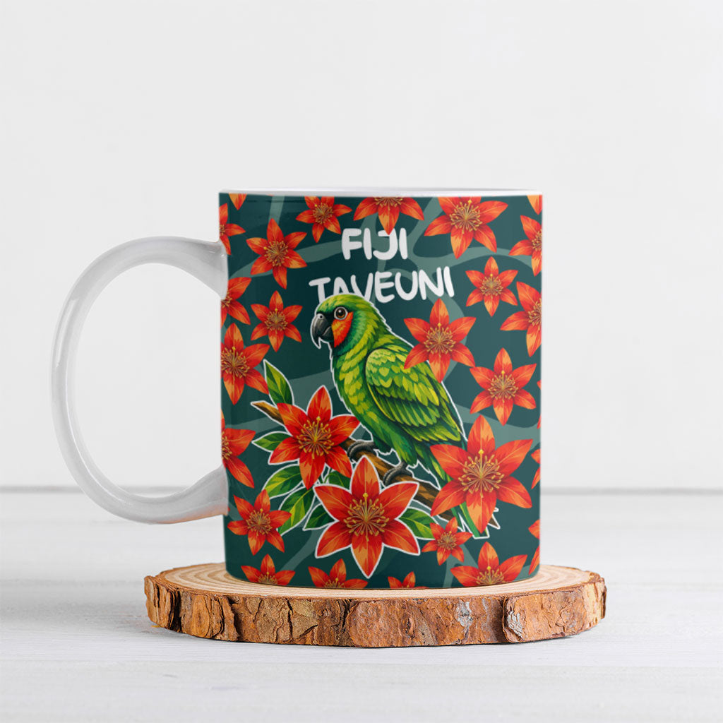 Fiji Taveuni Parrot Ceramic Mug Tropical Waterfall Landscape With Floral Tribal Pattern