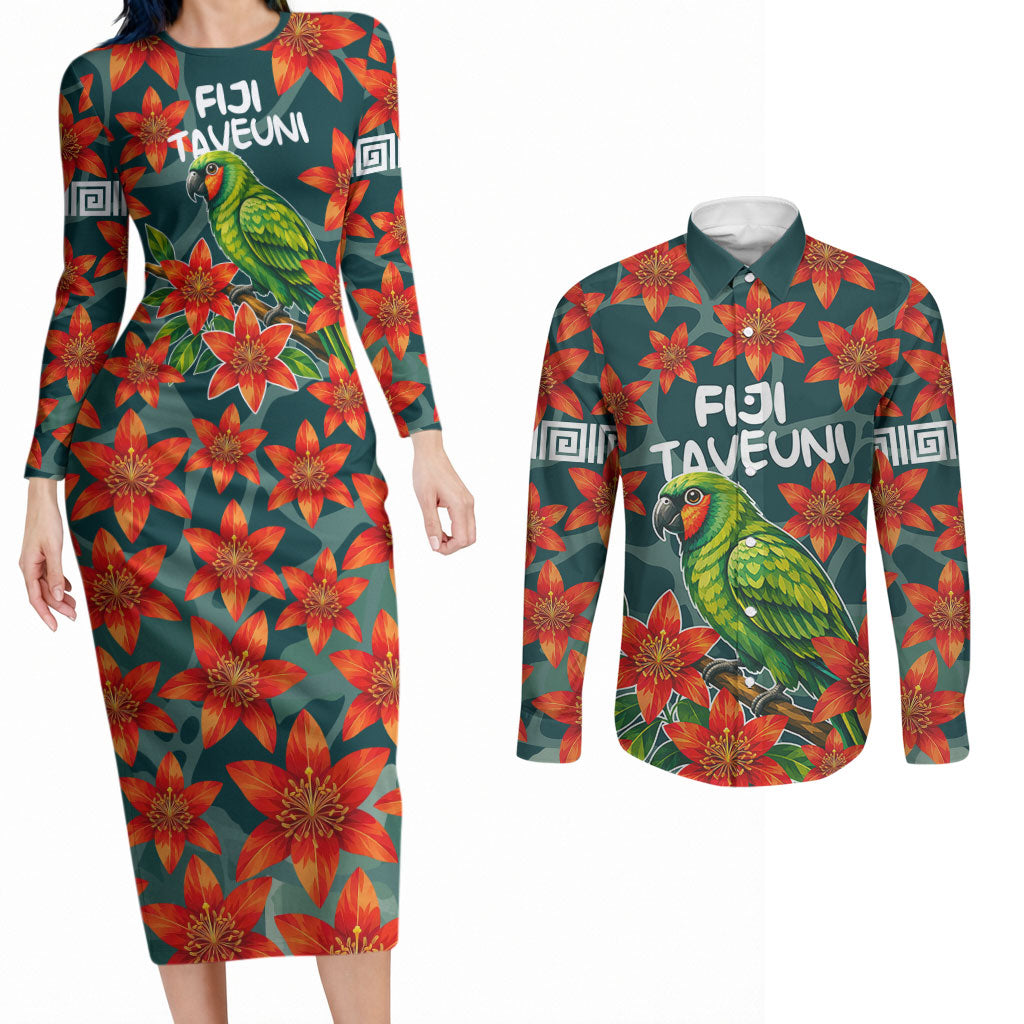 Fiji Taveuni Parrot Couples Matching Long Sleeve Bodycon Dress and Long Sleeve Button Shirt Tropical Waterfall Landscape With Floral Tribal Pattern