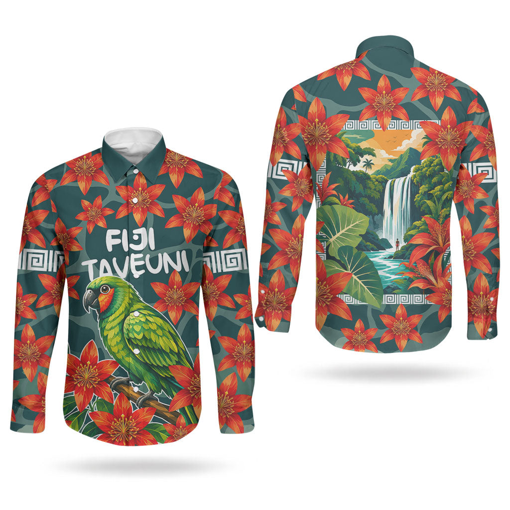 Fiji Taveuni Parrot Couples Matching Mermaid Dress and Long Sleeve Button Shirt Tropical Waterfall Landscape With Floral Tribal Pattern TS04 - Polynesian Pride