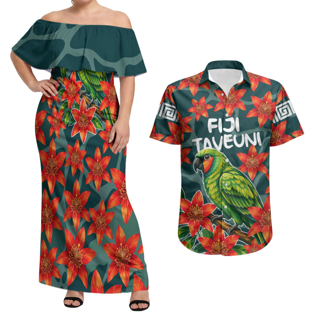 Fiji Taveuni Parrot Couples Matching Off Shoulder Maxi Dress and Hawaiian Shirt Tropical Waterfall Landscape With Floral Tribal Pattern