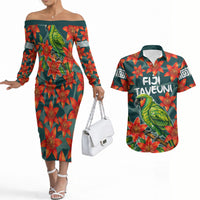 Fiji Taveuni Parrot Couples Matching Off The Shoulder Long Sleeve Dress and Hawaiian Shirt Tropical Waterfall Landscape With Floral Tribal Pattern TS04 Green Orange - Polynesian Pride