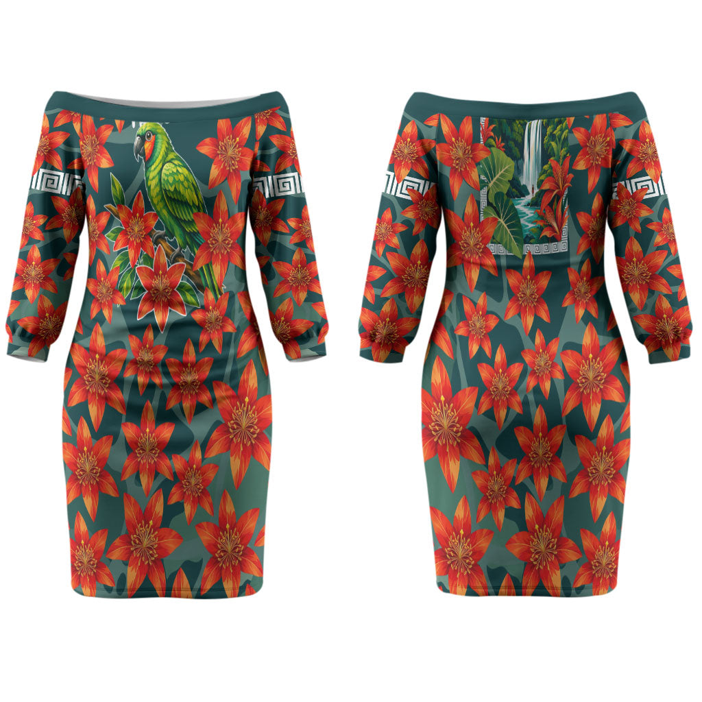 Fiji Taveuni Parrot Couples Matching Off The Shoulder Long Sleeve Dress and Hawaiian Shirt Tropical Waterfall Landscape With Floral Tribal Pattern TS04 - Polynesian Pride