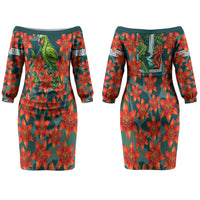 Fiji Taveuni Parrot Couples Matching Off The Shoulder Long Sleeve Dress and Hawaiian Shirt Tropical Waterfall Landscape With Floral Tribal Pattern TS04 - Polynesian Pride