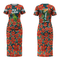 Fiji Taveuni Parrot Couples Matching Short Sleeve Bodycon Dress and Hawaiian Shirt Tropical Waterfall Landscape With Floral Tribal Pattern TS04 - Polynesian Pride