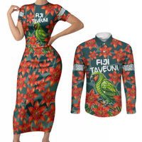 Fiji Taveuni Parrot Couples Matching Short Sleeve Bodycon Dress and Long Sleeve Button Shirt Tropical Waterfall Landscape With Floral Tribal Pattern TS04 Green Orange - Polynesian Pride