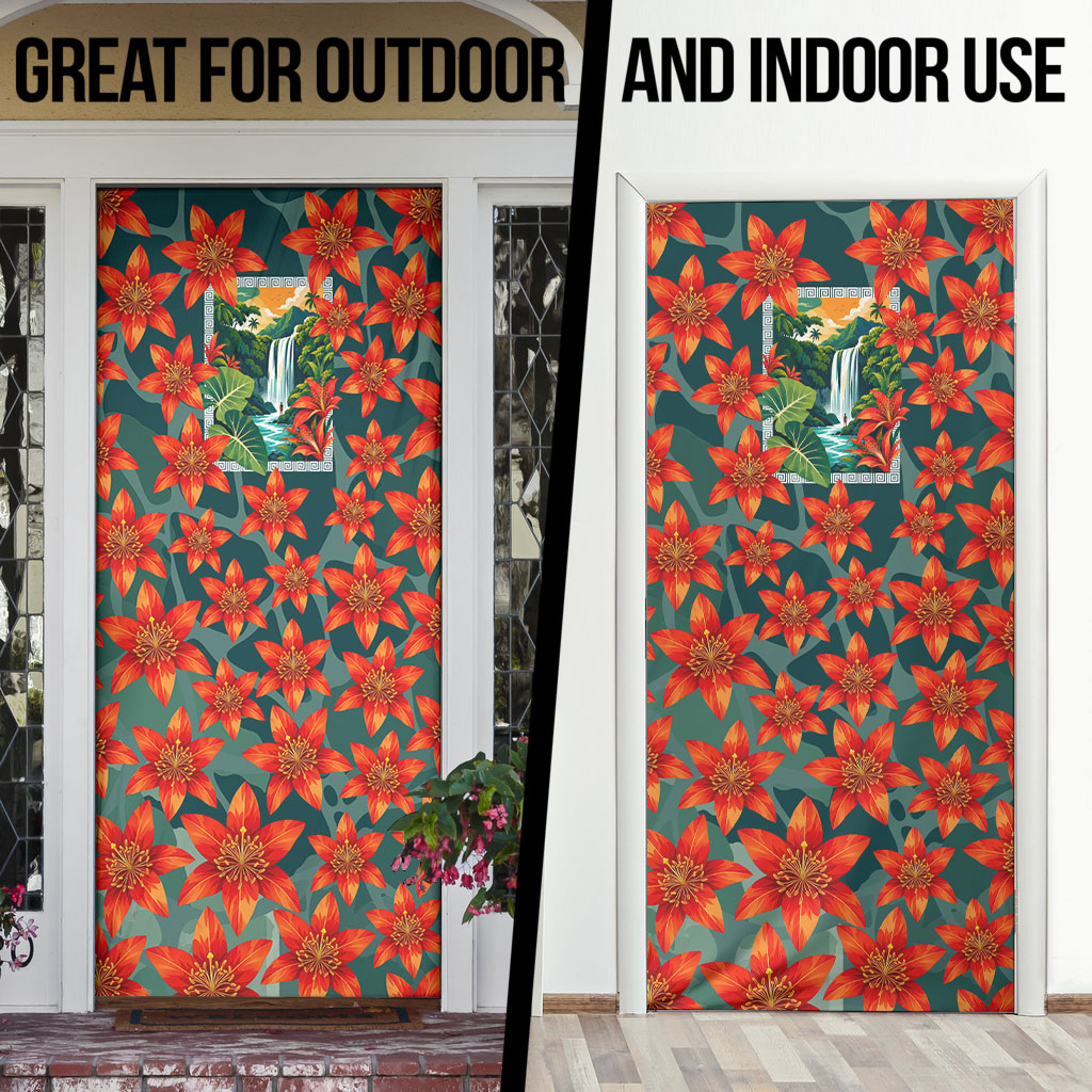Fiji Taveuni Parrot Door Cover Tropical Waterfall Landscape With Floral Tribal Pattern