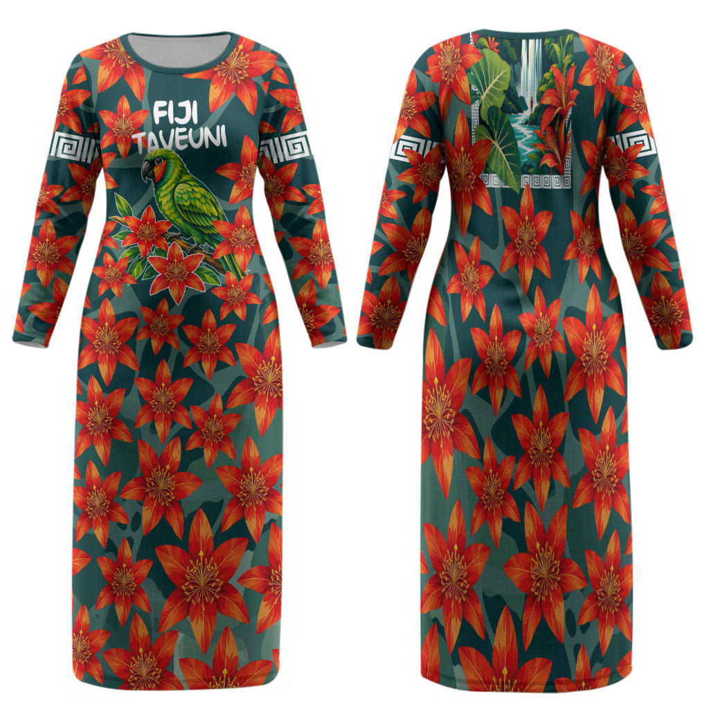 Fiji Taveuni Parrot Family Matching Long Sleeve Bodycon Dress and Hawaiian Shirt Tropical Waterfall Landscape With Floral Tribal Pattern TS04 Mom's Dress Green Orange - Polynesian Pride