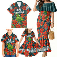 Fiji Taveuni Parrot Family Matching Mermaid Dress and Hawaiian Shirt Tropical Waterfall Landscape With Floral Tribal Pattern TS04 - Polynesian Pride