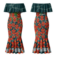 Fiji Taveuni Parrot Family Matching Mermaid Dress and Hawaiian Shirt Tropical Waterfall Landscape With Floral Tribal Pattern TS04 Mom's Dress Green Orange - Polynesian Pride