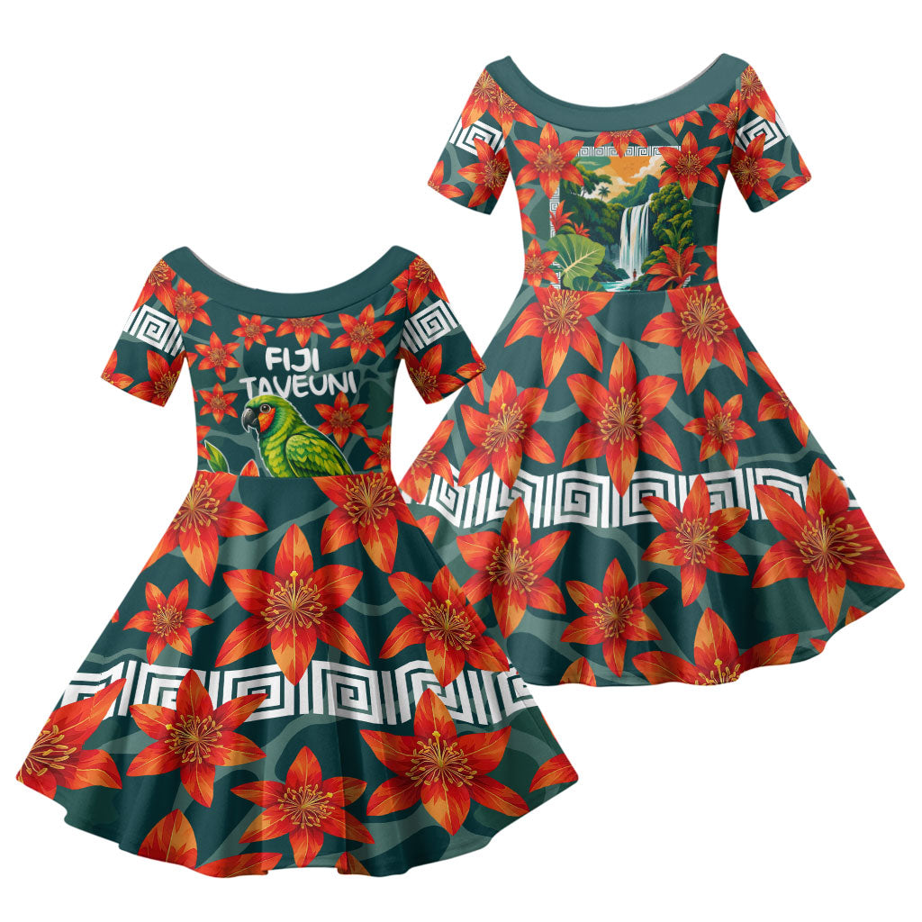 Fiji Taveuni Parrot Family Matching Mermaid Dress and Hawaiian Shirt Tropical Waterfall Landscape With Floral Tribal Pattern TS04 Daughter's Dress Green Orange - Polynesian Pride
