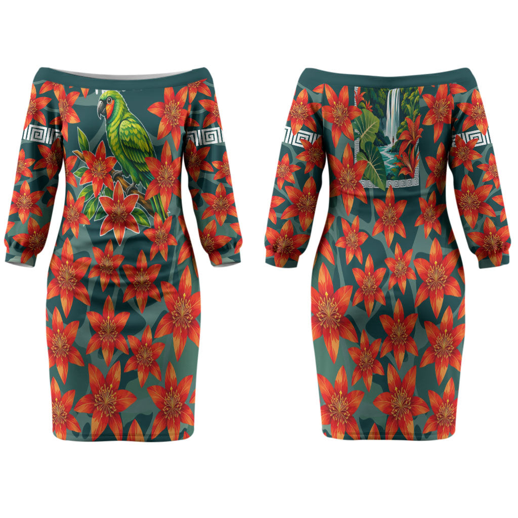 Fiji Taveuni Parrot Family Matching Off The Shoulder Long Sleeve Dress and Hawaiian Shirt Tropical Waterfall Landscape With Floral Tribal Pattern TS04 Mom's Dress Green Orange - Polynesian Pride