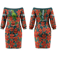 Fiji Taveuni Parrot Family Matching Off The Shoulder Long Sleeve Dress and Hawaiian Shirt Tropical Waterfall Landscape With Floral Tribal Pattern TS04 Mom's Dress Green Orange - Polynesian Pride