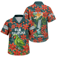 Fiji Taveuni Parrot Family Matching Off The Shoulder Long Sleeve Dress and Hawaiian Shirt Tropical Waterfall Landscape With Floral Tribal Pattern TS04 Son's Shirt Green Orange - Polynesian Pride