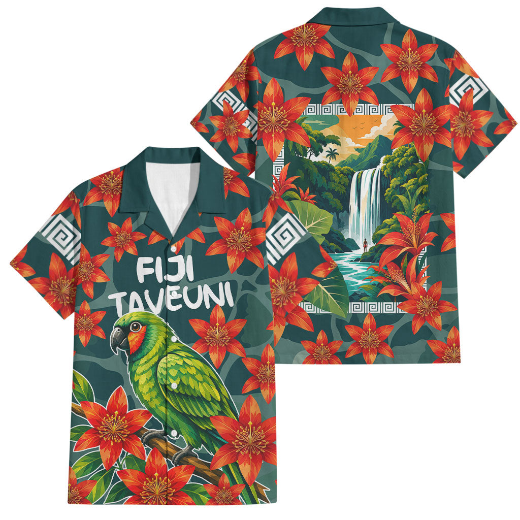 Fiji Taveuni Parrot Family Matching Off Shoulder Maxi Dress and Hawaiian Shirt Tropical Waterfall Landscape With Floral Tribal Pattern TS04 Dad's Shirt - Short Sleeve Green Orange - Polynesian Pride