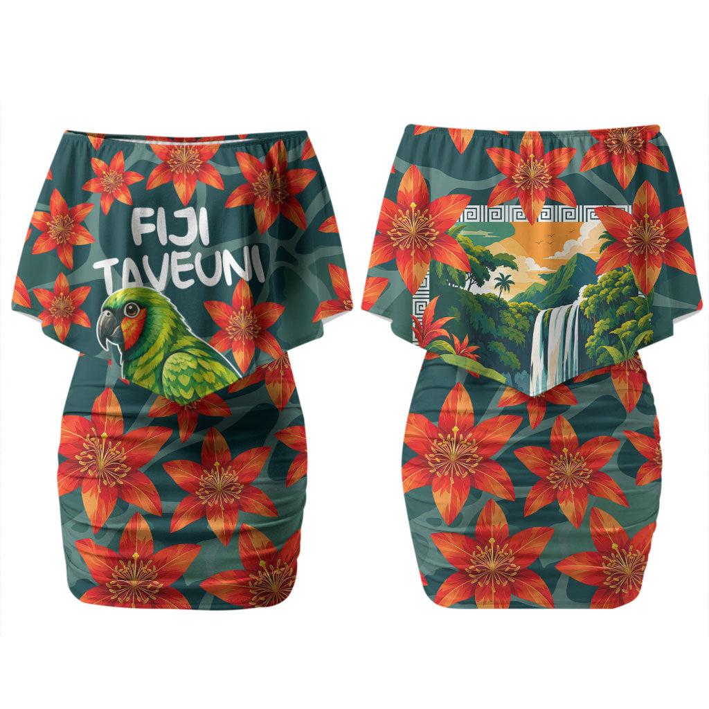 Fiji Taveuni Parrot Family Matching Off Shoulder Short Dress and Hawaiian Shirt Tropical Waterfall Landscape With Floral Tribal Pattern TS04 Mom's Dress Green Orange - Polynesian Pride