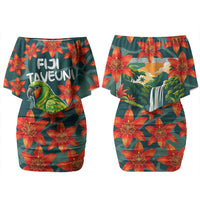 Fiji Taveuni Parrot Family Matching Off Shoulder Short Dress and Hawaiian Shirt Tropical Waterfall Landscape With Floral Tribal Pattern TS04 Mom's Dress Green Orange - Polynesian Pride