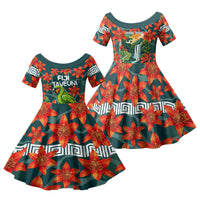 Fiji Taveuni Parrot Family Matching Off Shoulder Short Dress and Hawaiian Shirt Tropical Waterfall Landscape With Floral Tribal Pattern TS04 Daughter's Dress Green Orange - Polynesian Pride