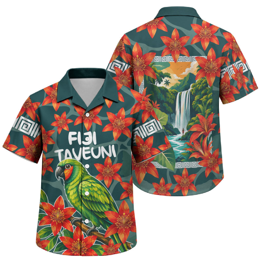Fiji Taveuni Parrot Family Matching Off Shoulder Short Dress and Hawaiian Shirt Tropical Waterfall Landscape With Floral Tribal Pattern TS04 Son's Shirt Green Orange - Polynesian Pride