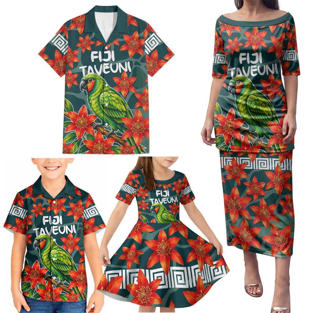 Fiji Taveuni Parrot Family Matching Puletasi and Hawaiian Shirt Tropical Waterfall Landscape With Floral Tribal Pattern TS04 - Polynesian Pride