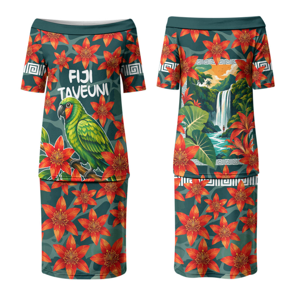 Fiji Taveuni Parrot Family Matching Puletasi and Hawaiian Shirt Tropical Waterfall Landscape With Floral Tribal Pattern TS04 Mom's Dress Green Orange - Polynesian Pride