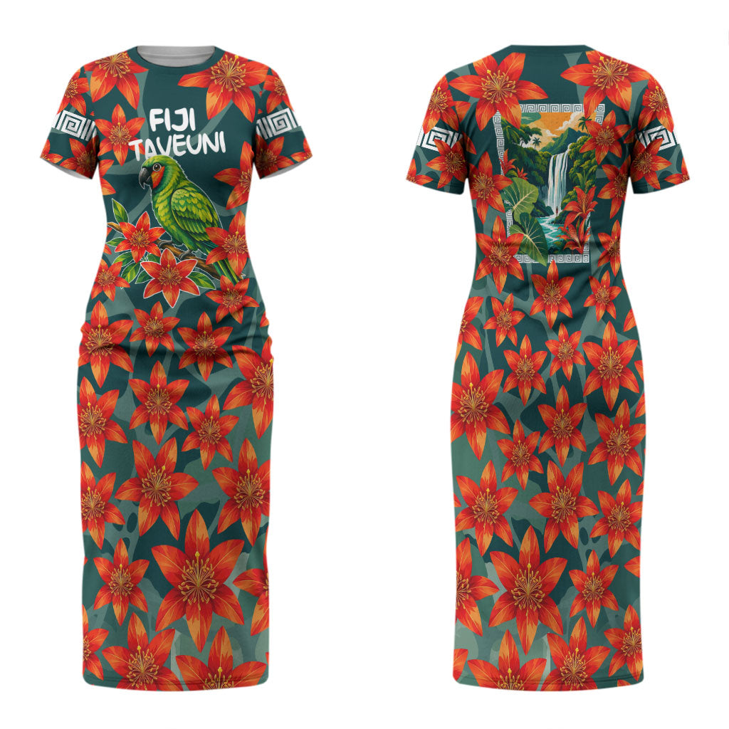 Fiji Taveuni Parrot Family Matching Short Sleeve Bodycon Dress and Hawaiian Shirt Tropical Waterfall Landscape With Floral Tribal Pattern TS04 Mom's Dress Green Orange - Polynesian Pride