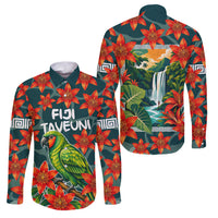 Fiji Taveuni Parrot Family Matching Short Sleeve Bodycon Dress and Hawaiian Shirt Tropical Waterfall Landscape With Floral Tribal Pattern TS04 Dad's Shirt - Long Sleeve Green Orange - Polynesian Pride