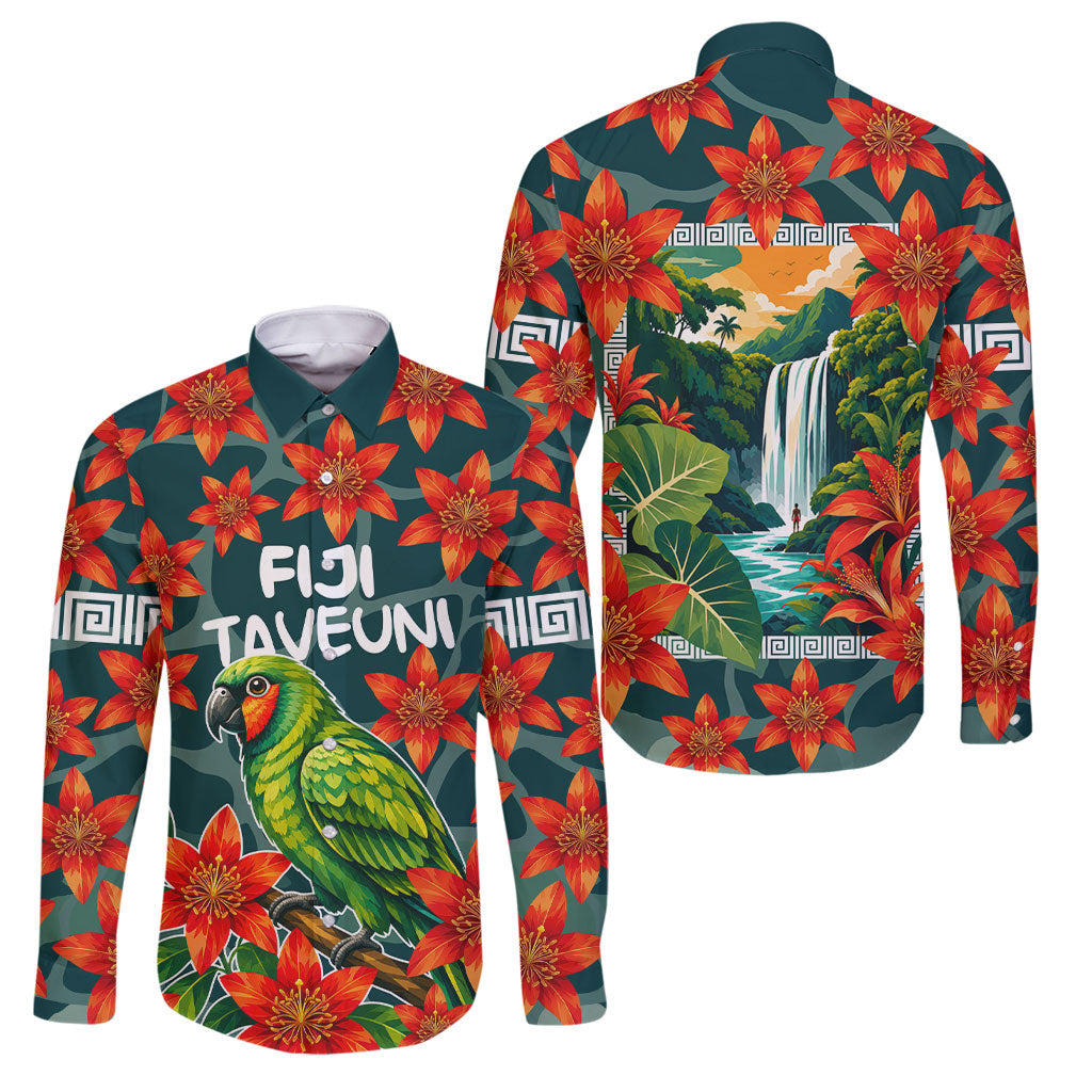 Fiji Taveuni Parrot Family Matching Summer Maxi Dress and Hawaiian Shirt Tropical Waterfall Landscape With Floral Tribal Pattern TS04 Dad's Shirt - Long Sleeve Green Orange - Polynesian Pride
