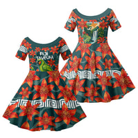 Fiji Taveuni Parrot Family Matching Summer Maxi Dress and Hawaiian Shirt Tropical Waterfall Landscape With Floral Tribal Pattern TS04 Daughter's Dress Green Orange - Polynesian Pride