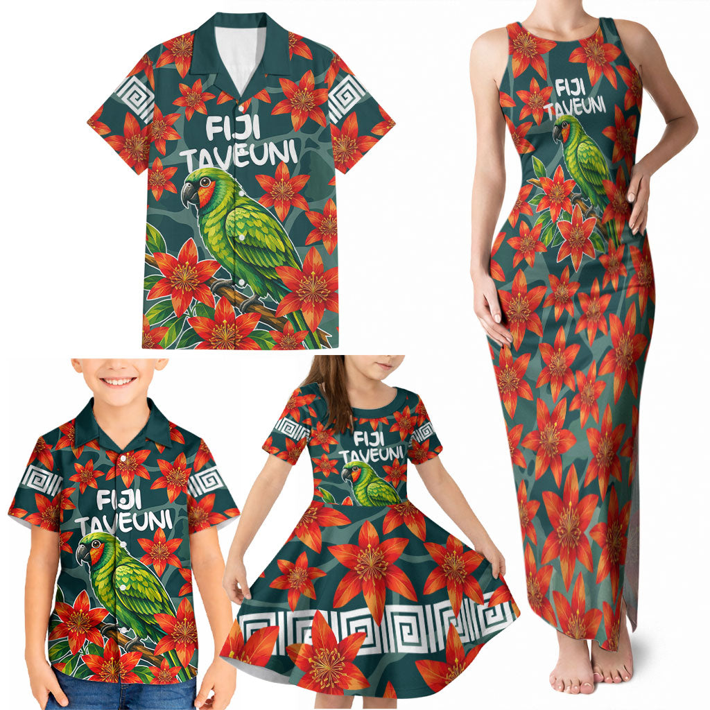 Fiji Taveuni Parrot Family Matching Tank Maxi Dress and Hawaiian Shirt Tropical Waterfall Landscape With Floral Tribal Pattern