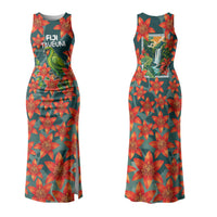 Fiji Taveuni Parrot Family Matching Tank Maxi Dress and Hawaiian Shirt Tropical Waterfall Landscape With Floral Tribal Pattern TS04 Mom's Dress Green Orange - Polynesian Pride