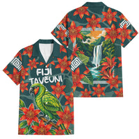 Fiji Taveuni Parrot Family Matching Tank Maxi Dress and Hawaiian Shirt Tropical Waterfall Landscape With Floral Tribal Pattern TS04 Dad's Shirt - Short Sleeve Green Orange - Polynesian Pride