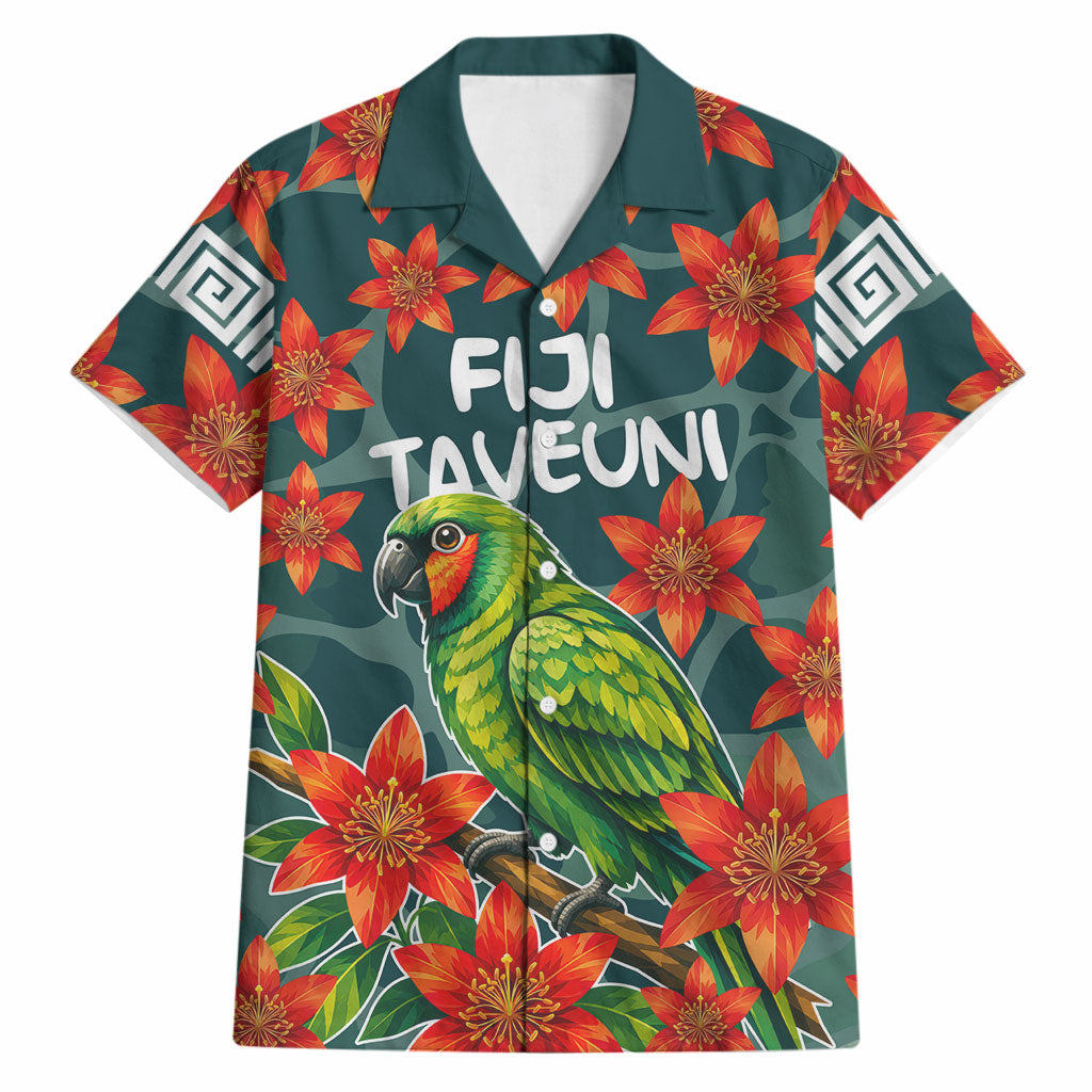Fiji Taveuni Parrot Hawaiian Shirt Tropical Waterfall Landscape With Floral Tribal Pattern