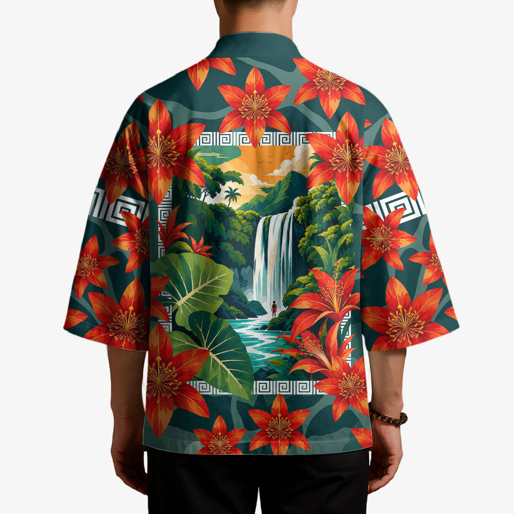 Fiji Taveuni Parrot Kimono Tropical Waterfall Landscape With Floral Tribal Pattern