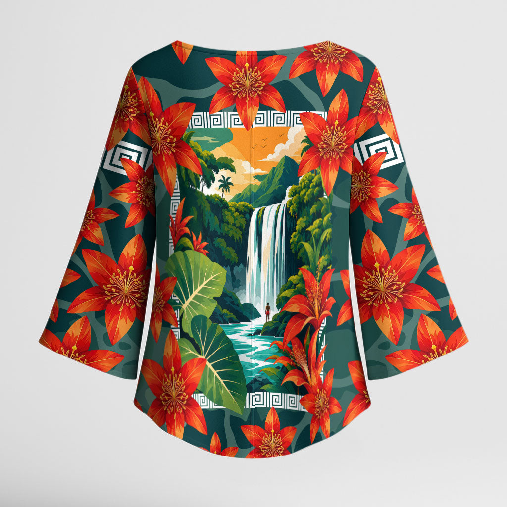 Fiji Taveuni Parrot Kimono Sleeve Blouse Tropical Waterfall Landscape With Floral Tribal Pattern
