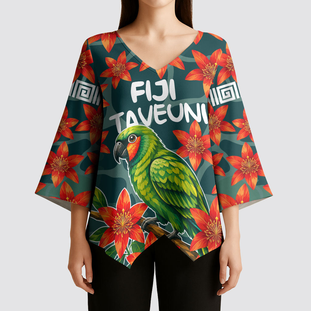 Fiji Taveuni Parrot Kimono Sleeve Blouse Tropical Waterfall Landscape With Floral Tribal Pattern