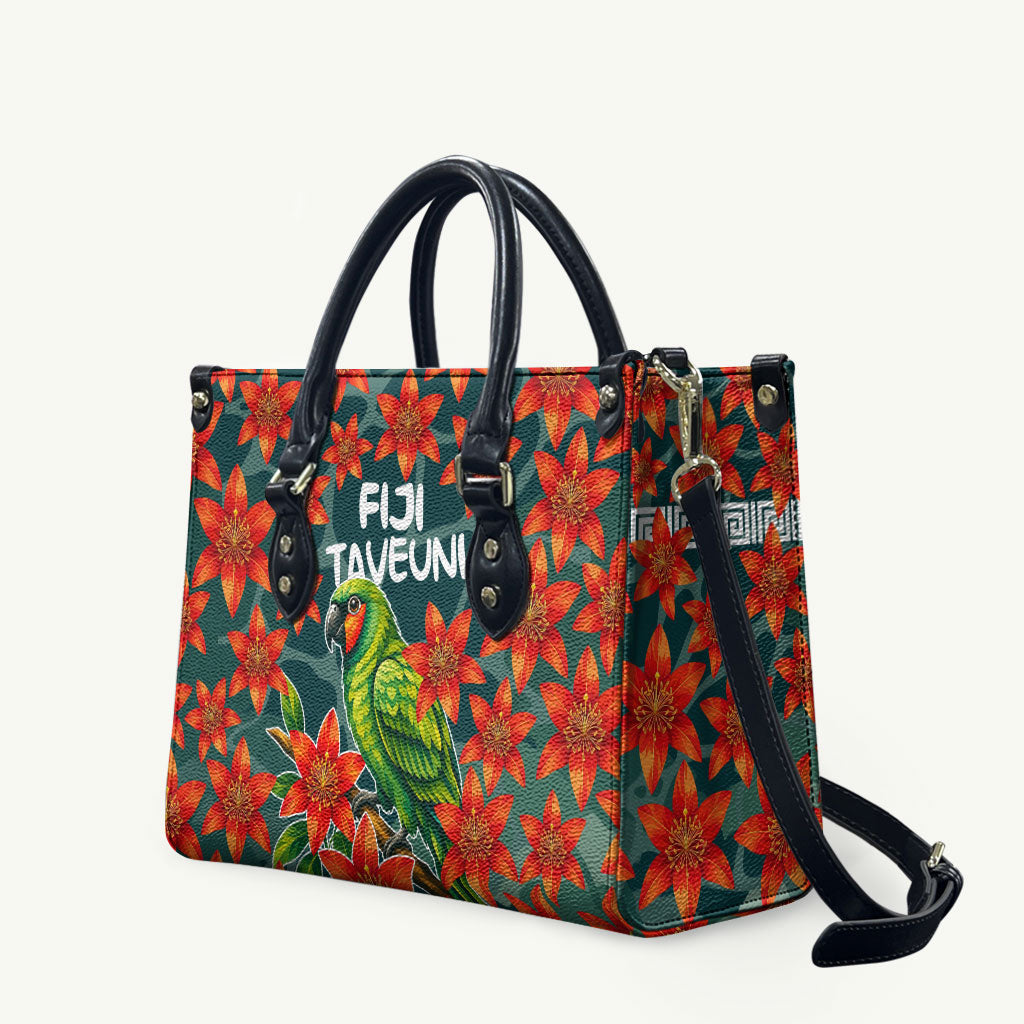 Fiji Taveuni Parrot Leather Bag Tropical Waterfall Landscape With Floral Tribal Pattern TS04 Green Orange - Polynesian Pride