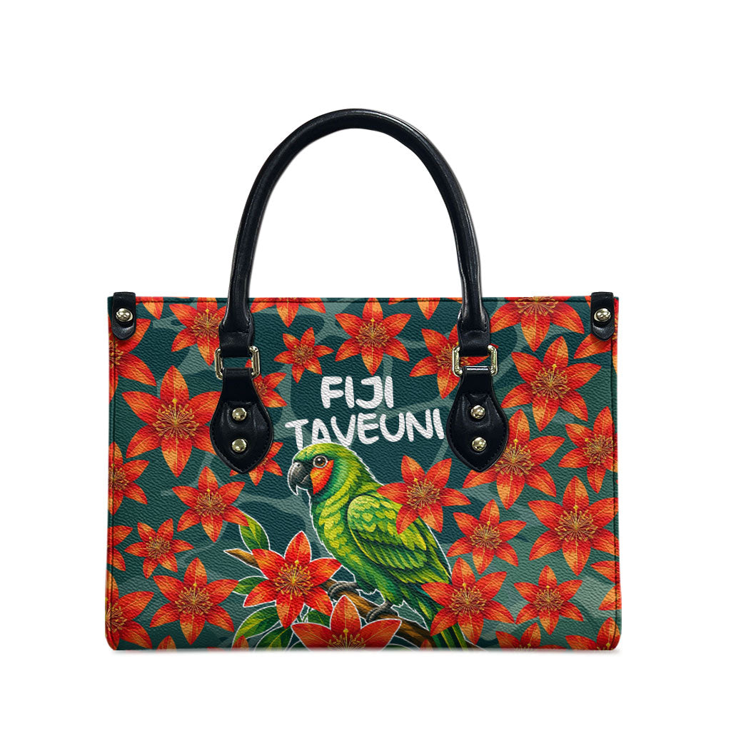 Fiji Taveuni Parrot Leather Bag Tropical Waterfall Landscape With Floral Tribal Pattern TS04 - Polynesian Pride